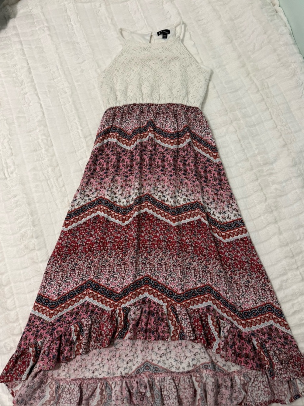 Art Class Crochet Top Maxi Dress with Pink & Red Boho Print, little girl 10/12